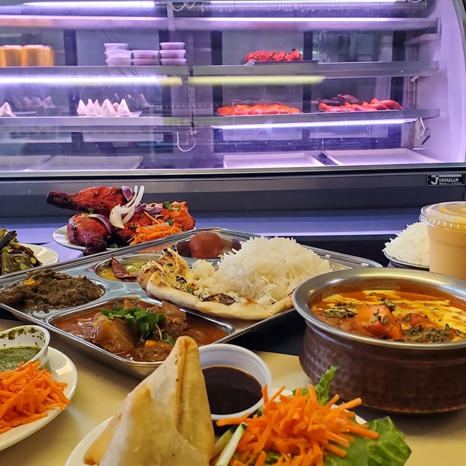 Colorful Indian meal spread with grilled meats, rice, naan, curry, samosas, vegetables, and mango drink displayed before a refrigerated food case.