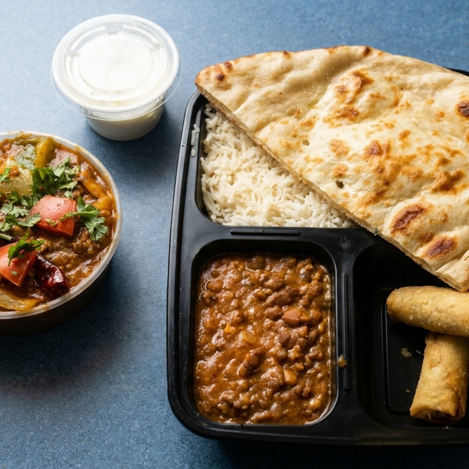 Indian meal with curry, rice, naan, lentils, spring rolls, and yogurt sauce arranged in takeout containers.