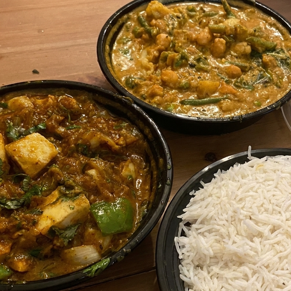 Indian meal featuring two bowls of vegetable curry, a large serving of basmati rice, and a takeaway container on a wooden table.
