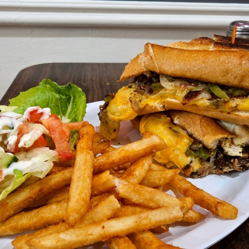 Cheeseburger stacked with lettuce and sauce, served with golden fries and a side salad on a white plate.