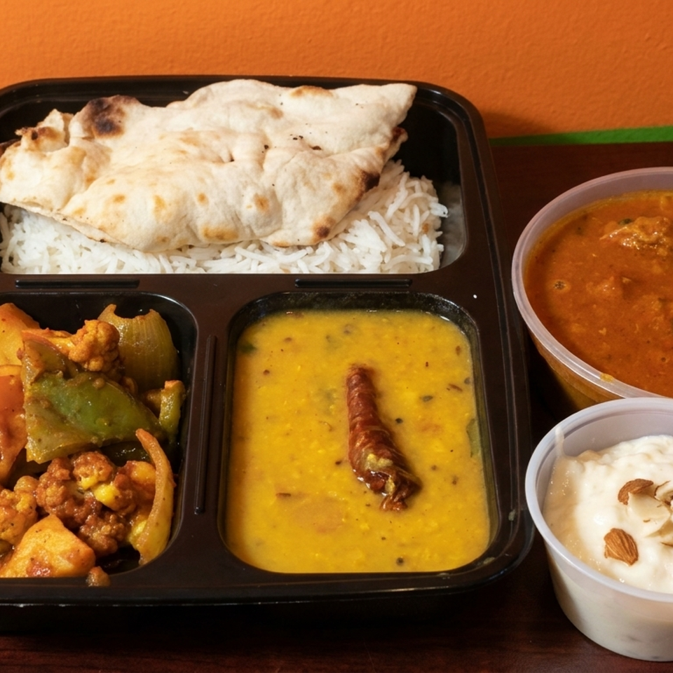 Indian meal tray with naan, basmati rice, vegetable curry, dal, chicken curry, and yogurt dessert on a wooden table.