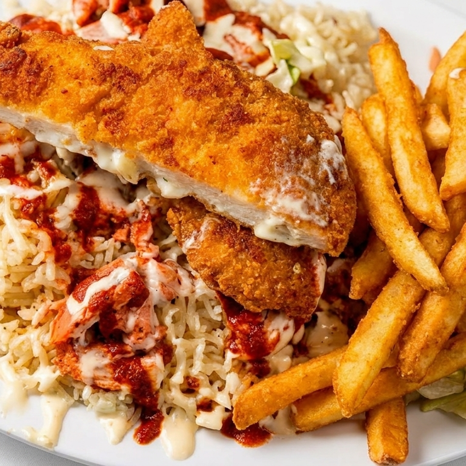 Crispy breaded chicken over seasoned rice with creamy red sauce, golden fries, and a side salad on a white plate.