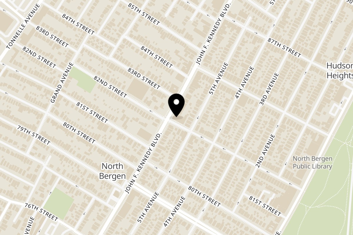 Map showing the location of Dinesh Curry House & Deli on 8206 John F. Kennedy Blvd in North Bergen